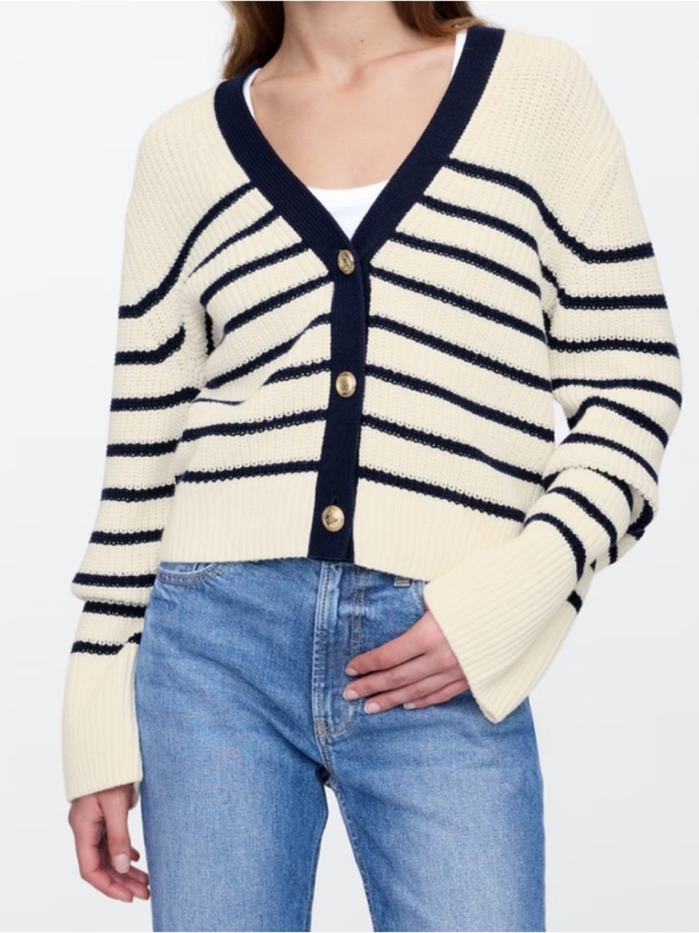 GAP Cream Navy Striped V-Neck Button Front Oversized Chunky Knit Cardigan